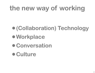 the new way of working


• (Collaboration) Technology
• Workplace
• Conversation
• Culture

                               2
 