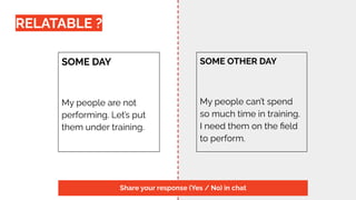 SOME DAY
My people are not
performing. Let’s put
them under training.
SOME OTHER DAY
My people can’t spend
so much time in training.
I need them on the ﬁeld
to perform.
RELATABLE ?
Share your response (Yes / No) in chat
 