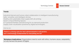 Trends
Industrial Internet and human-robot collaboration in intelligent manufacturing
Safer, smoother, and intelligent driving
Healthy and sustainable meat supply with 3D printing
Smart Living & Working Spaces
ICT-powered ﬂexible manufacturing for on-demand production
Supply chain visualization powered by digital technologies..
And so on..
There is a strong case for tech advancements in all sectors,
but is technology fundamental to everything we do?
Workplace Implications: Organizations need to work with ethics, humane values, adaptability
to truly harness the power of Digital.
Technology Centred Human Centred
vs
 