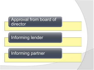 Approval from board of
director


Informing lender


Informing partner
 
