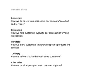 Awareness
How we do raise awareness about our company’s product
and services?
Evaluation
How we help customers evaluate our organization’s Value
Proposition
Purchase
How we allow customers to purchase specific products and
services
Delivery
How we deliver a Value Proposition to customers?
After sales
How we provide post-purchase customer support?
CHANELL TYPES
 