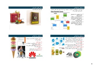 6
RolandBergerStrategyConsultants
21 I ‫مشتریان‬ ‫های‬ ‫بخش‬
‫ای؟؟‬ ‫گوشه‬ ‫بازار‬ ‫یا‬ ‫انبوه‬ ‫بازار‬
RolandBergerStrategyConsultants
22 I ‫پیشنهادی‬ ‫ارزشهای‬
‫بسته‬‫ای‬‫از‬‫محصوالت‬‫و‬‫خدمات‬‫را‬‫توصیف‬‫می‬‫کند‬‫که‬‫برای‬‫یک‬‫بخش‬‫مشتری‬
‫خاص‬‫ارزش‬‫خلق‬‫می‬‫کند‬
‫چه‬‫ارزشهایی‬‫را‬‫به‬‫مشتریان‬
‫ارائه‬‫می‬‫کنیم؟‬
‫به‬‫حل‬‫کدام‬‫یک‬‫از‬‫مشکالت‬
‫مشتریان‬‫خود‬‫کمک‬‫می‬‫کنیم‬‫؟‬
‫چه‬‫نیازهایی‬‫از‬‫مشتری‬‫را‬
‫برآورده‬‫می‬‫کنیم؟‬
‫چه‬‫بسته‬‫ای‬‫از‬‫محصوالت‬‫و‬
‫خدمات‬‫را‬‫به‬‫هر‬‫بخش‬‫مشتری‬
‫پیشنهاد‬‫می‬‫کنیم؟‬
RolandBergerStrategyConsultants
23 I ‫پیشنهادی‬ ‫ارزشهای‬
‫تازگی‬:‫مجموعه‬‫ای‬‫کامال‬‫جدید‬‫از‬‫نیازها‬‫را‬
‫برآورده‬‫می‬‫کنند‬
‫بهبود‬‫عملکرد‬
‫سفارشی‬‫سازی‬:‫سازگارنمودن‬‫محصوالت‬‫و‬
‫خدمات‬‫با‬‫نیازهای‬‫شخصی‬
‫انجام‬‫کامل‬‫کار‬:‫خطوط‬‫هوایی‬‫با‬‫امکان‬‫تردد‬‫ب‬‫ا‬
‫ماشین‬‫های‬‫شرکت‬
‫طراحی‬
،‫برند‬‫مقام‬‫و‬‫منزلت‬:‫ساعت‬‫رولکس‬!
‫قیمت‬:‫پیشنهاد‬‫مشابه‬‫با‬‫قیمت‬‫کمتر‬
RolandBergerStrategyConsultants
24 I ‫پیشنهادی‬ ‫ارزشهای‬
‫کاهش‬‫هزینه‬:‫سلزفورس‬‫برنامه‬‫کاربردی‬‫ت‬‫حت‬
‫وب‬‫برای‬‫مدیریت‬‫ارتباط‬‫با‬‫مشتریان‬‫بدو‬‫ن‬
‫دردسر‬‫نصب‬‫و‬‫راه‬‫انداری‬‫سیستم‬‫نرم‬‫افزار‬‫ی‬
‫کاهش‬‫ریسک‬:‫ضمانت‬‫خرید‬‫یک‬‫ساله‬‫برای‬
‫کاالی‬‫دست‬‫دوم‬
‫قابلیت‬‫دسترسی‬:‫ایجاد‬‫دسترسی‬‫برای‬‫ک‬‫سانی‬
‫که‬‫دسترسی‬‫نداشته‬‫اند‬(‫مثل‬‫ای‬‫چوپال‬)
‫قابلیت‬‫استفاده‬‫و‬‫راحتی‬:‫ای‬‫پاد‬‫و‬‫آی‬‫تون‬‫ز‬
‫راحتی‬‫بی‬‫سابقه‬‫ای‬‫برای‬‫جستجو‬‫خرید‬‫و‬
‫دانلود‬‫موسیقی‬
 