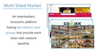 Multi Sided Market
An intermediary
economic platform
having two distinct user
groups that provide each
other with network
benefits
 