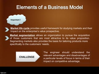 Important !



Market life cycle provides useful framework for studying markets and their
Impact on the enterprise’s value prospective.
Market segmentation allows an organization to pursue the acquisition
of those customers that are most attractive to its value proposition.
Segmenting markets also provides the basis for tailoring products more
specifically to the customers’ needs.


                             The engineer should understand the
                             relevant advantages and disadvantages of
         CHALLENGE
                             a particular levels of focus in terms of their
                             impact on competitive advantage.
 