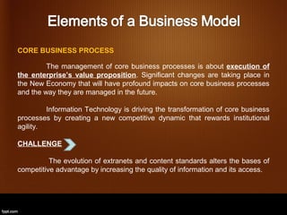 CORE BUSINESS PROCESS

         The management of core business processes is about execution of
the enterprise’s value proposition. Significant changes are taking place in
the New Economy that will have profound impacts on core business processes
and the way they are managed in the future.

         Information Technology is driving the transformation of core business
processes by creating a new competitive dynamic that rewards institutional
agility.

CHALLENGE

          The evolution of extranets and content standards alters the bases of
competitive advantage by increasing the quality of information and its access.
 