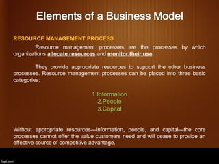 RESOURCE MANAGEMENT PROCESS
         Resource management processes are the processes by which
organizations allocate resources and monitor their use.

         They provide appropriate resources to support the other business
processes. Resource management processes can be placed into three basic
categories:

                              1.Information
                                2.People
                                3.Capital


Without appropriate resources—information, people, and capital—the core
processes cannot offer the value customers need and will cease to provide an
effective source of competitive advantage.
 