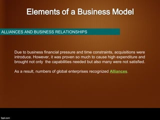 . ALLIANCES AND BUSINESS RELATIONSHIPS




      Due to business financial pressure and time constraints, acquisitions were
      introduce. However, it was proven so much to cause high expenditure and
      brought not only the capabilities needed but also many were not satisfied.

      As a result, numbers of global enterprises recognized Alliances.
 