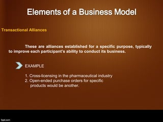 Transactional Alliances



           These are alliances established for a specific purpose, typically
   to improve each participant’s ability to conduct its business.


           EXAMPLE

           1. Cross-licensing in the pharmaceutical industry
           2. Open-ended purchase orders for specific
              products would be another.
 