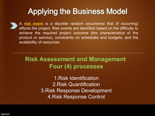 A risk event is a discrete random occurrence that (if occurring)
affects the project. Risk events are identified based on the difficulty to
achieve the required project outcome (the characteristics of the
product or service), constraints on schedules and budgets, and the
availability of resources.



   Risk Assessment and Management
           Four (4) processes
                   1.Risk Identification
                  2.Risk Quantification
             3.Risk Response Development
                4.Risk Response Control
 
