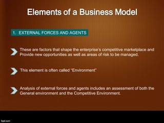 1. EXTERNAL FORCES AND AGENTS



  These are factors that shape the enterprise’s competitive marketplace and
  Provide new opportunities as well as areas of risk to be managed.


  This element is often called “Environment”



  Analysis of external forces and agents includes an assessment of both the
  General environment and the Competitive Environment.
 