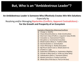 But,	
  Who	
  is	
  an	
  “Ambidextrous	
  Leader”?	
  
	
  
An	
  Ambidextrous	
  Leader	
  is	
  Someone	
  Who	
  Eﬀec...