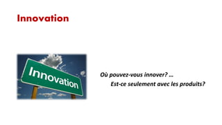Innovation

Où pouvez-vous innover? …
Est-ce seulement avec les produits?

 