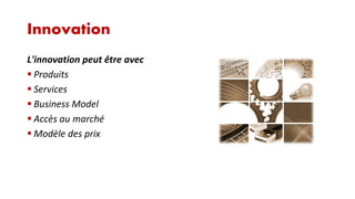 Innovation
L'innovation peut être avec
 Produits
 Services
 Business Model
 Accès au marché
 Modèle des prix

 