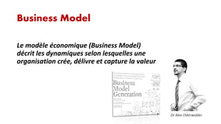 Business Model
Le modèle économique (Business Model)
décrit les dynamiques selon lesquelles une
organisation crée, délivre et capture la valeur

 