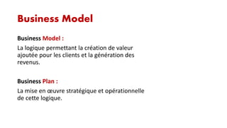 Business Model
Business Model :
La logique permettant la création de valeur
ajoutée pour les clients et la génération des
revenus.
Business Plan :
La mise en œuvre stratégique et opérationnelle
de cette logique.

 