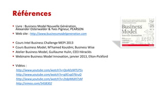 Références
 Livre : Business Model Nouvelle Génération,
Alexander Osterwalder & Yves Pigneur, PEARSON
 Web site : http://www.businessmodelgeneration.com





Cours Intel Business Challenge MEPI 2013
Cours Business Model, M’hamed Kouidmi, Business Wise
Atelier Business Model, Guillaume Hulin, CEEI Héraclès
Webinaire Business Model Innovation, janvier 2013, Elton-Pickford

 Vidéos :
http://www.youtube.com/watch?v=QoAOzMTLP5s
http://www.youtube.com/watch?v=g0Cvg076ruQ
http://www.youtube.com/watch?v=2tdpNKdH7sM
http://vimeo.com/5438302

 