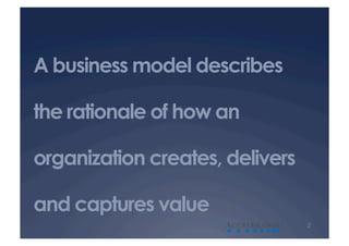 A business model describes

the rationale of how an

organization creates, delivers

and captures value
                     A           2
 