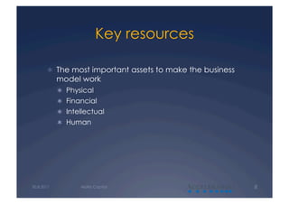 Key resources

         The most important assets to make the business
            model work
              Physical
              Financial
              Intellectual
              Human




30.8.2011          Alalto Capital          A               8
 