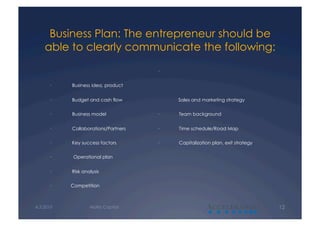 Business Plan: The entrepreneur should be
    able to clearly communicate the following:

                                                 ·            

      ·                Business idea, product


      ·                Budget and cash flow                     Sales and marketing strategy


      ·                Business model            ·               Team background


      ·                Collaborations/Partners   ·               Time schedule/Road Map

      ·                Key success factors       ·               Capitalization plan, exit strategy


      ·                 Operational plan


      ·                Risk analysis

      ·               Competition



4.3.2010                      Alalto Capital                               A                          12
 