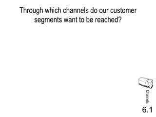 Through which channels do our customer
    segments want to be reached?




                                         Channels
                                         6.1
 