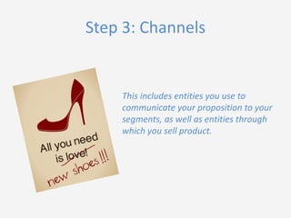 Step 3: Channels

This includes entities you use to
communicate your proposition to your
segments, as well as entities through
which you sell product.

 