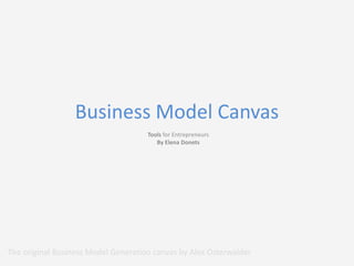 Business Model Canvas
Tools for Entrepreneurs
By Elena Donets

The original Business Model Generation canvas by Alex Osterwalder

 