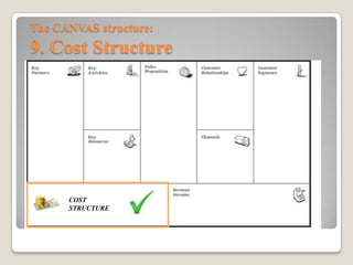 Quali sono i costi che dovrò
sostenere?
Possono essere classificati in:
• Industriali e Generali
• Fissi e variabili
• Costi di reparto (produzione, logistica,
marketing, …)
La struttura del CANVAS:
9. Cost Structure
 