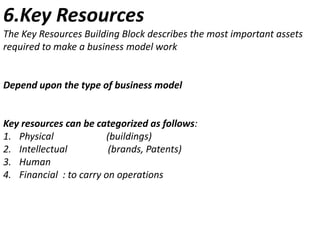 6.Key Resources
The Key Resources Building Block describes the most important assets
required to make a business model work

Depend upon the type of business model

Key resources can be categorized as follows:
1. Physical
(buildings)
2. Intellectual
(brands, Patents)
3. Human
4. Financial : to carry on operations

 
