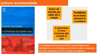 Leitura recomendada

A Estratégia do Oceano Azul, livro recomendado para
definição de uma estratégia para diferenciação e ampliação
do valor competitivo de um modelo de negócios.

 