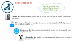 2. Giải pháp giá trị
Đáp ứng yêu cầu riêng: sản phẩm được thiết kế để đáp ứng một yêu cầu cụ thể, ví dụ
các phần mềm ERP
Mang lại cho khách hàng
điều gì ? Giải quyết vấn
đề gì cho khách hàng ?
Tính mới mẻ: Mang lại sản phẩm, dịch vụ mới với các tính năng vượt trội, cải tiến mới ví dụ các loại
smart phone.
Hiệu năng: sản phẩm giúp sự hoạt động hiệu quả hơn, tiết kiệm chi phí hơn. Ví dụ chip máy tính
các đời Pentium 3/4, Icore 3/4/5…
Thể hiện đẳng cấp: đáp ứng việc thỏa mãn cảm xúc, là một công cụ để chứng tỏ
đẳng cấp của mình
 