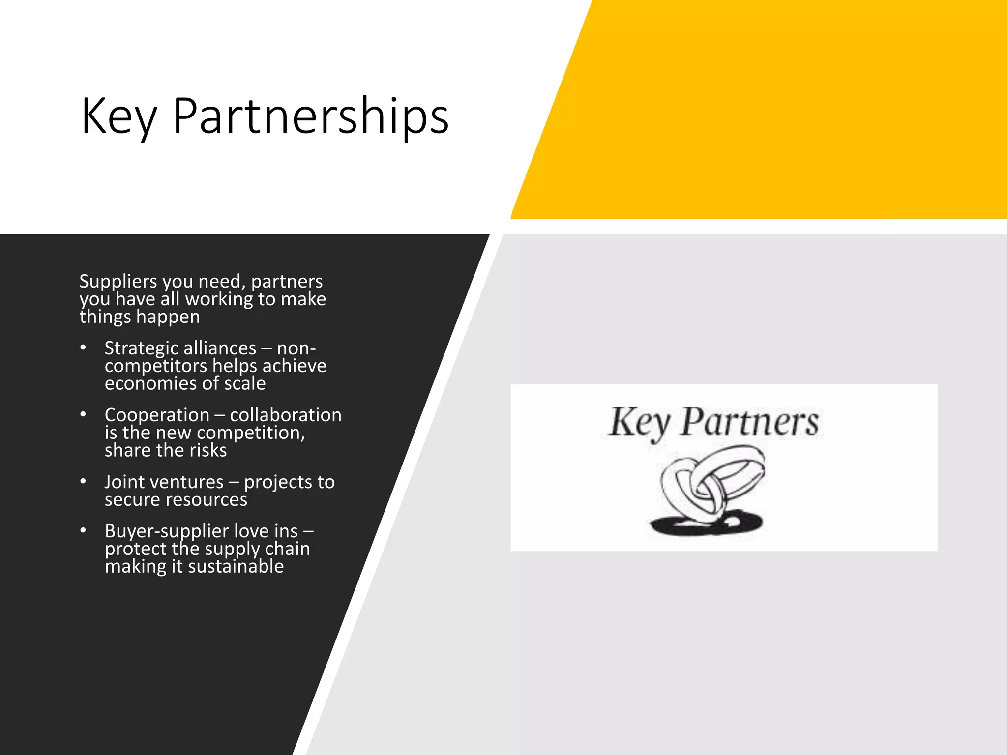Key Partnerships
Suppliers you need, partners
you have all working to make
things happen
• Strategic alliances – non-
competitors helps achieve
economies of scale
• Cooperation – collaboration
is the new competition,
share the risks
• Joint ventures – projects to
secure resources
• Buyer-supplier love ins –
protect the supply chain
making it sustainable
 