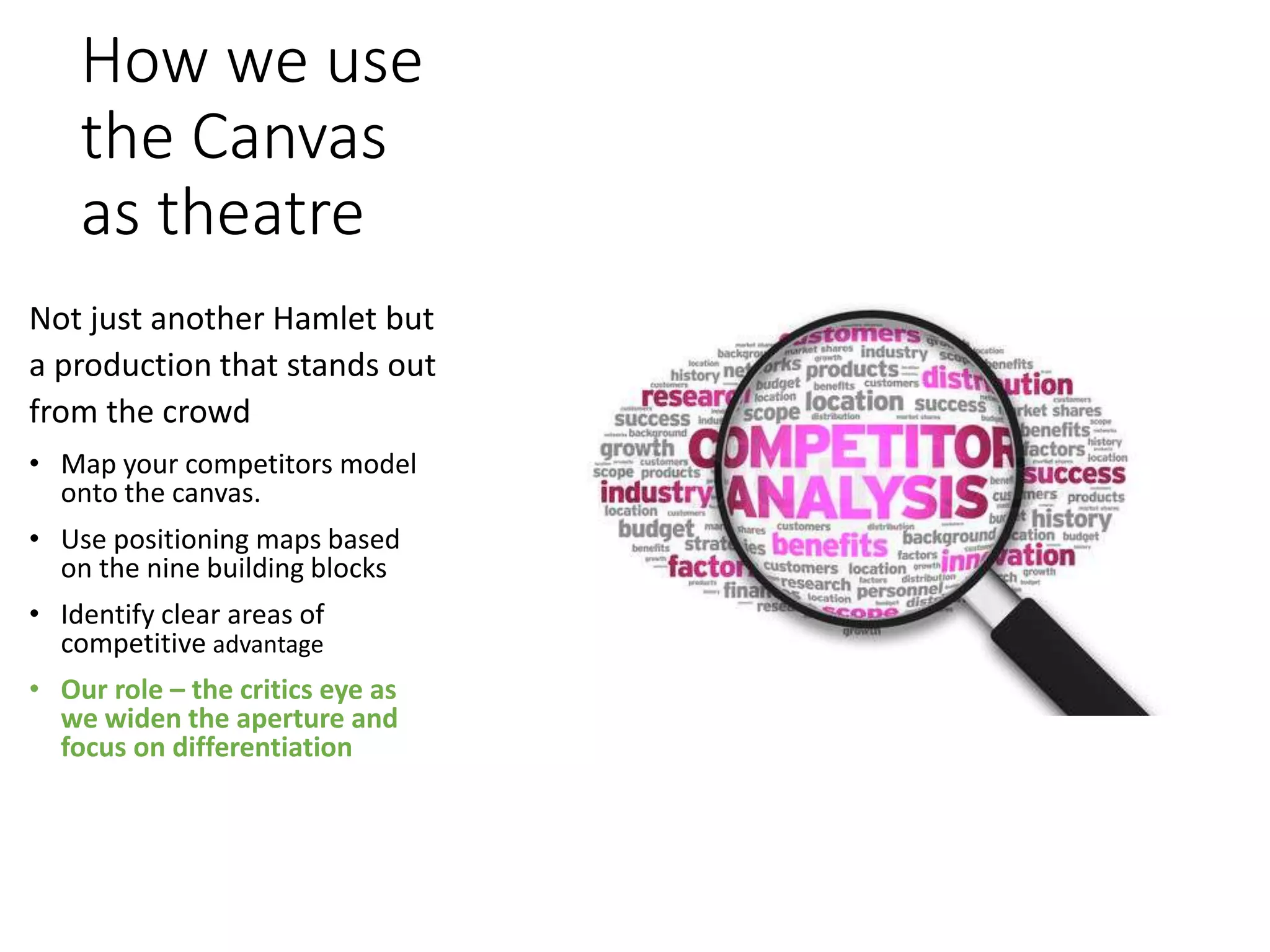 How we use
the Canvas
as theatre
Not just another Hamlet but
a production that stands out
from the crowd
• Map your competitors model
onto the canvas.
• Use positioning maps based
on the nine building blocks
• Identify clear areas of
competitive advantage
• Our role – the critics eye as
we widen the aperture and
focus on differentiation
 
