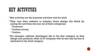 KEY ACTIVITIES
 Key activities are the business activities vital for work
 They vary from industry to industry. Some design this block by
uniting the activities into one out of three categories:
 Production
 Problem-solving
 Platform
 For example, software developers fall in the first category as they
design new products, while an IT company with its own taxi service is
attributed to the third category
 