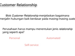 Customer Relationship
Blok Customer Relationship menjelaskan bagaimana
menjalin hubungan baik berdasar pada masing-masing custom
Perusahaan harus mampu menentukan jenis relationship
yang seperti apa?
Personal Automated
Self-service
 