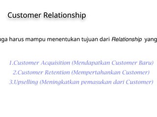 uga harus mampu menentukan tujuan dari Relationship yang
Customer Relationship
1.Customer Acquisition (Mendapatkan Customer Baru)
2.Customer Retention (Mempertahankan Customer)
3.Upselling (Meningkatkan pemasukan dari Customer)
 