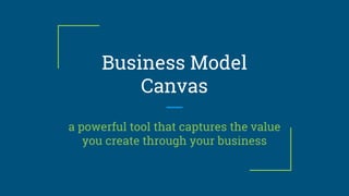 Business Model
Canvas
a powerful tool that captures the value
you create through your business
 