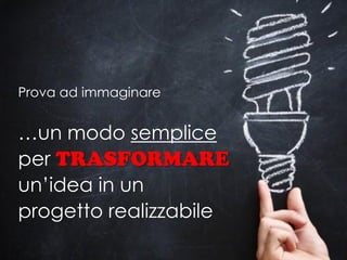 Prova ad immaginare


…un modo semplice
per
un’idea in un
progetto realizzabile
 