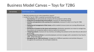 Business Model Canvas – Toys for T2BG
KEY ACTIVITIES VALUE PROPOSITIONKEY PARTNERS
KEY RESOURCES
• What key activities do your value propositions require?
• In order for Toys for T2BG to operate successfully they will need:
• Toy inventory; this will provide the company with the products it will be selling
• Production & manufacturing of the products; necessary for obtaining products
• Activities and operations to be overseen for e-commerce; necessary in order to run Toys for T2BG
website
• Deploying and management of their stores; will be needed to ensure stores are running efficiently and
smoothly
• Distribution of products to the stores and consumers; distribution operations are meant to manage how
the products are transported safely to stores as well as to consumers
• Designing products: necessary for toy inventory and adding new products to the store that are safe and of
great quality
• Training different franchisees: to provide employees and store managers with a standard on how Toys for
T2BG wants to be seen as
• Managing Toys for T2BG warehouses: management of different operations and activities that go on
throughout the warehouse, the overheads needed etc.
• ?
ADDITIONAL DETAIL
 