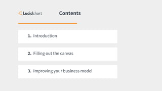 Contents
1. Introduction
2. Filling out the canvas
3. Improving your business model
 