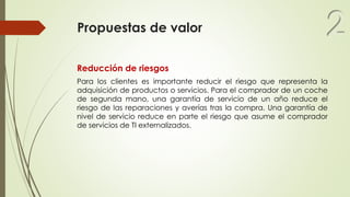 Propuestas de valor
Reducción de riesgos
Para los clientes es importante reducir el riesgo que representa la
adquisición de productos o servicios. Para el comprador de un coche
de segunda mano, una garantía de servicio de un año reduce el
riesgo de las reparaciones y averías tras la compra. Una garantía de
nivel de servicio reduce en parte el riesgo que asume el comprador
de servicios de TI externalizados.
2
 