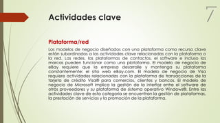 Actividades clave
Plataforma/red
Los modelos de negocio diseñados con una plataforma como recurso clave
están subordinados a las actividades clave relacionadas con la plataforma o
la red. Las redes, las plataformas de contactos, el software e incluso las
marcas pueden funcionar como una plataforma. El modelo de negocio de
eBay requiere que la empresa desarrolle y mantenga su plataforma
constantemente: el sitio web eBay.com. El modelo de negocio de Visa
requiere actividades relacionadas con la plataforma de transacciones de la
tarjeta de crédito Visa® para comercios, clientes y bancos. El modelo de
negocio de Microsoft implica la gestión de la interfaz entre el software de
otros proveedores y su plataforma de sistema operativo Windows®. Entre las
actividades clave de esta categoría se encuentran la gestión de plataformas,
la prestación de servicios y la promoción de la plataforma.
7
 