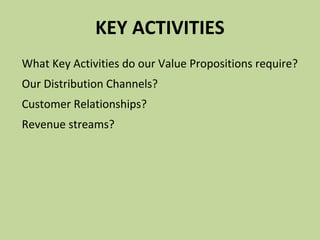 KEY ACTIVITIES
What Key Activities do our Value Propositions require?
Our Distribution Channels?
Customer Relationships?
R...