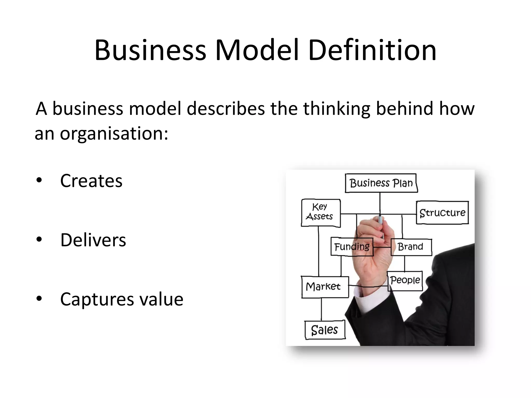 Business Model Definition
A business model describes the thinking behind how
an organisation:
• Creates
• Delivers
• Captures value
 