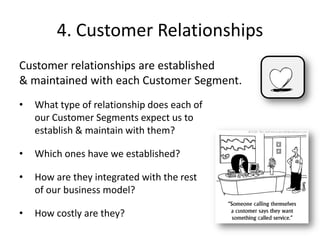 4. Customer Relationships
Customer relationships are established
& maintained with each Customer Segment.
• What type of relationship does each of
our Customer Segments expect us to
establish & maintain with them?
• Which ones have we established?
• How are they integrated with the rest
of our business model?
• How costly are they?
 