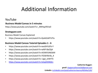 Additional Information
YouTube
Business Model Canvas in 5 minutes
https://www.youtube.com/watch?v=_4MHqyf4Vw0
Strategyzer.com
Business Model Canvas Explained
• https://www.youtube.com/watch?v=QoAOzMTLP5s
Business Model Canvas Tutorial Episodes 1 - 6
• https://www.youtube.com/watch?v=wwShFsSFb-Y
• https://www.youtube.com/watch?v=wlKP-BaC0jA
• https://www.youtube.com/watch?v=iA5MVUNkSkM
• https://www.youtube.com/watch?v=7O36YBn9x_4
• https://www.youtube.com/watch?v=-2gd_vhNYT4
• https://www.youtube.com/watch?v=SshglHDKQCc
Catherine Duggan:
gmail: duggancatherine56@gmail.com
LinkedIn: ie.linkedin.com/pub/catherine-kearns/40/b4a/126/
 