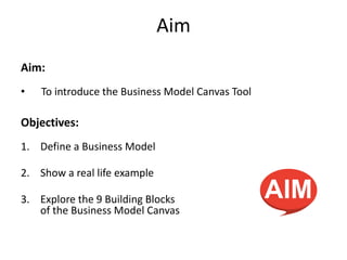 Aim
Aim:
• To introduce the Business Model Canvas Tool
Objectives:
1. Define a Business Model
2. Show a real life example
3. Explore the 9 Building Blocks
of the Business Model Canvas
 