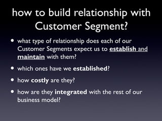 how to build relationship with
        Customer Segment?
• what type of relationship does each of our
  Customer Segments expect us to establish and
  maintain with them?
• which ones have we established?
• how costly are they?
• how are they integrated with the rest of our
  business model?
 