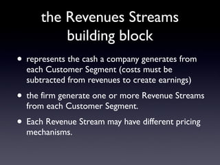 the Revenues Streams
          building block
• represents the cash a company generates from
  each Customer Segment (costs must be
  subtracted from revenues to create earnings)
• the firm generate one or more Revenue Streams
  from each Customer Segment.
• Each Revenue Stream may have different pricing
  mechanisms.
 