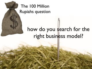 The 100 Million
Rupiahs question



    how do you search for the
      right business model?
 