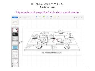 프레지로도 만들어져 있습니다.
                 Made in Prezi

http://prezi.com/iopvwpnflsre/the-business-model-canvas/




                                                           17
 